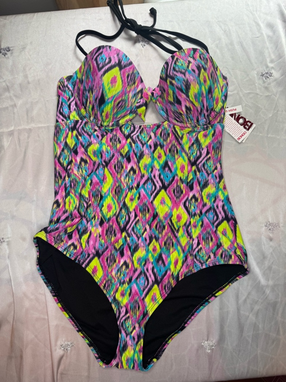 Bongo One Piece Swimsuit Juniors Large Neon Ikat Print Push Up Halter NWT